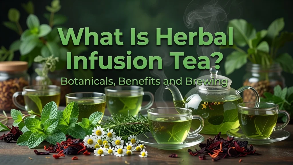 Professional header image for educational tutorial: What Is Herbal Infusion Tea? Botanicals, Benefits and Bre...